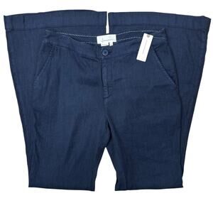 NWT Anthropologie Linen Blend Pants Trousers Size 8 Flared Navy Blue Mid Rise
